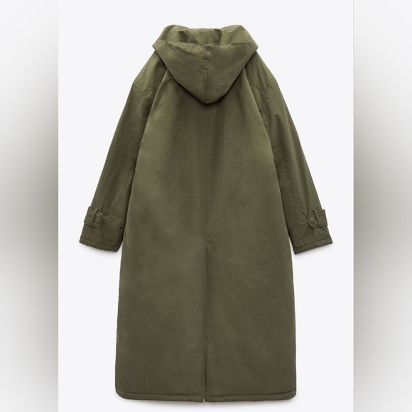 Zara Women's Double Breasted Long Waterproof Hoodie Jacket Coat Green Sz M - Picture 7 of 16